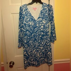 A blue and white Lilly Pulitzer, sundress and a size small.